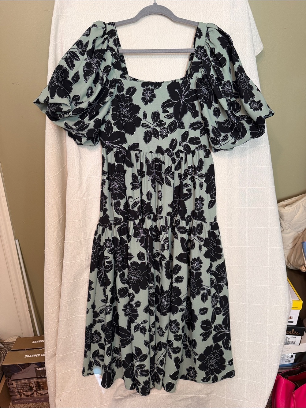 Floral Puff Sleeve Midi Dress in Sage Green and Black